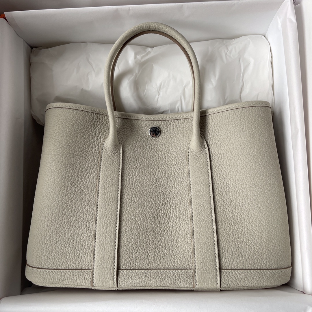 Hermes Garden Party 30cm Tote Handbag In Pearl Grey Clemence Leather